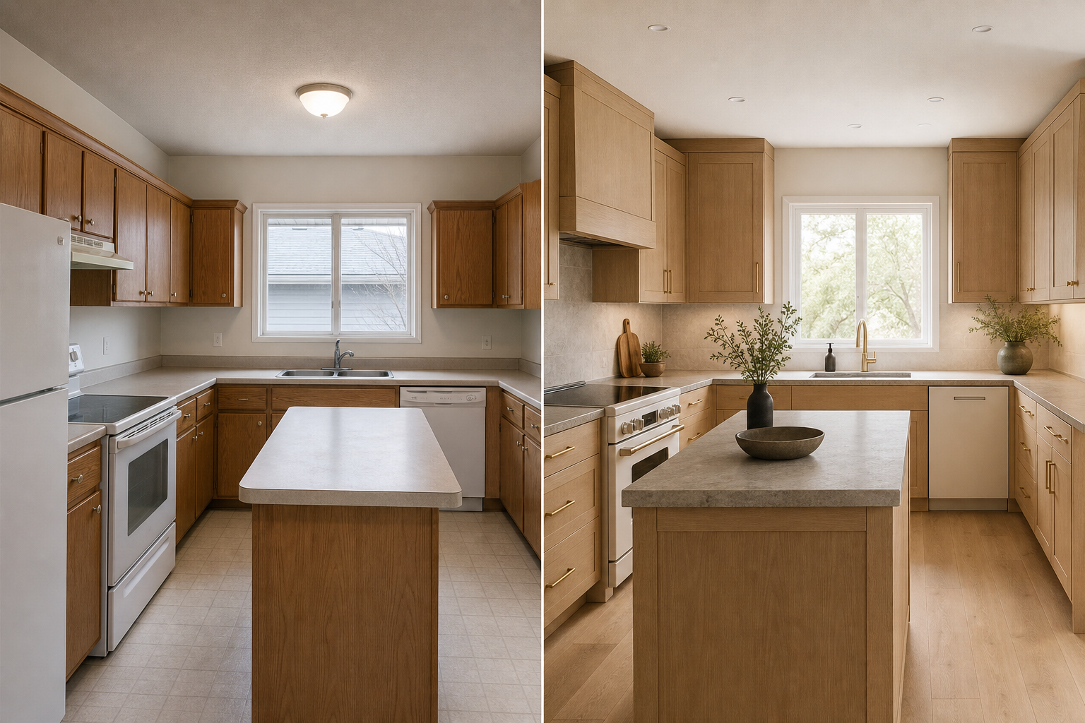Side-by-side before and after of a Calgary room renovation, dated kitchen on the left and a warm, material-rich remodel on the right