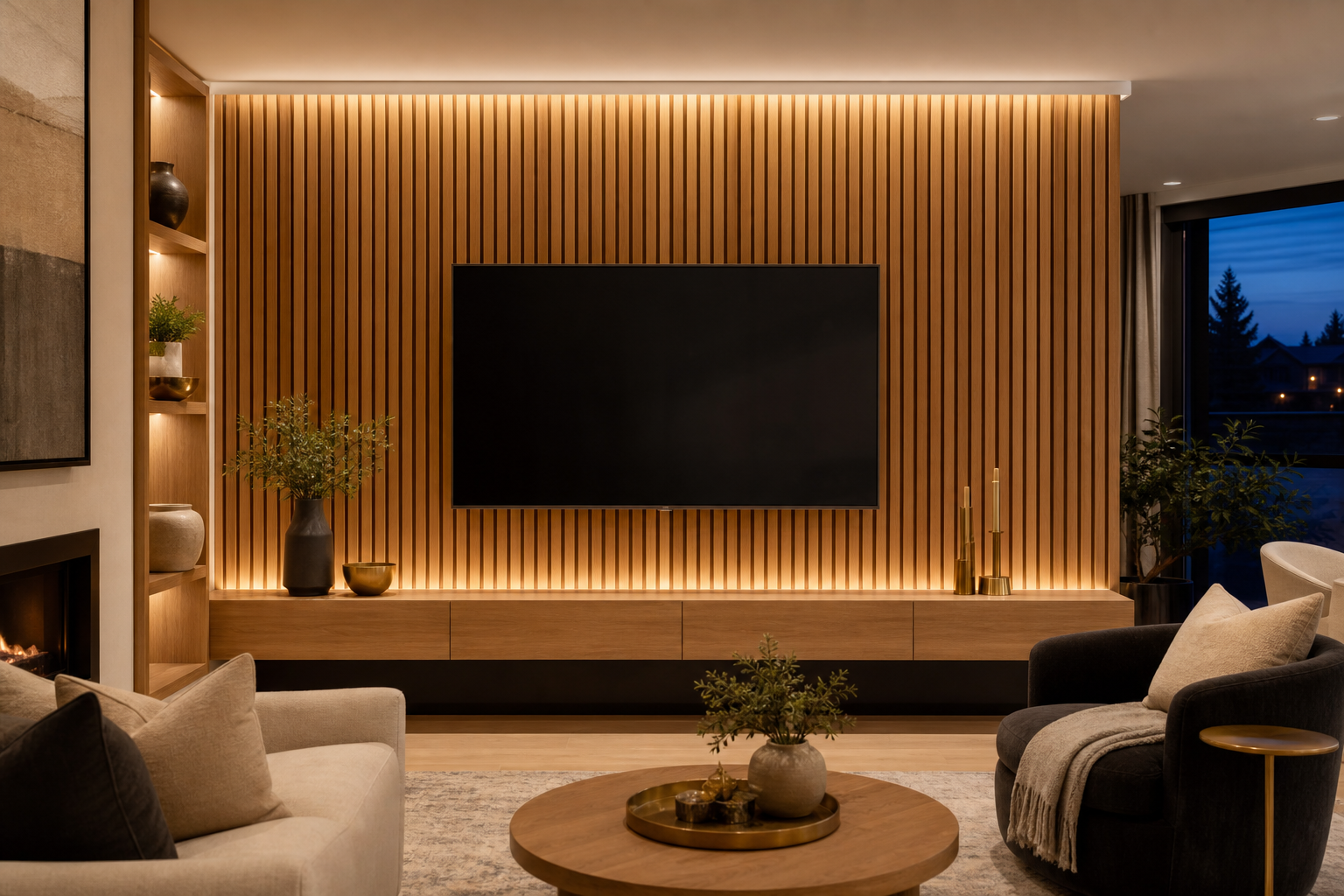 Modern Calgary living room with a floor-to-ceiling wood slat feature wall, integrated media unit, and warm LED backlighting