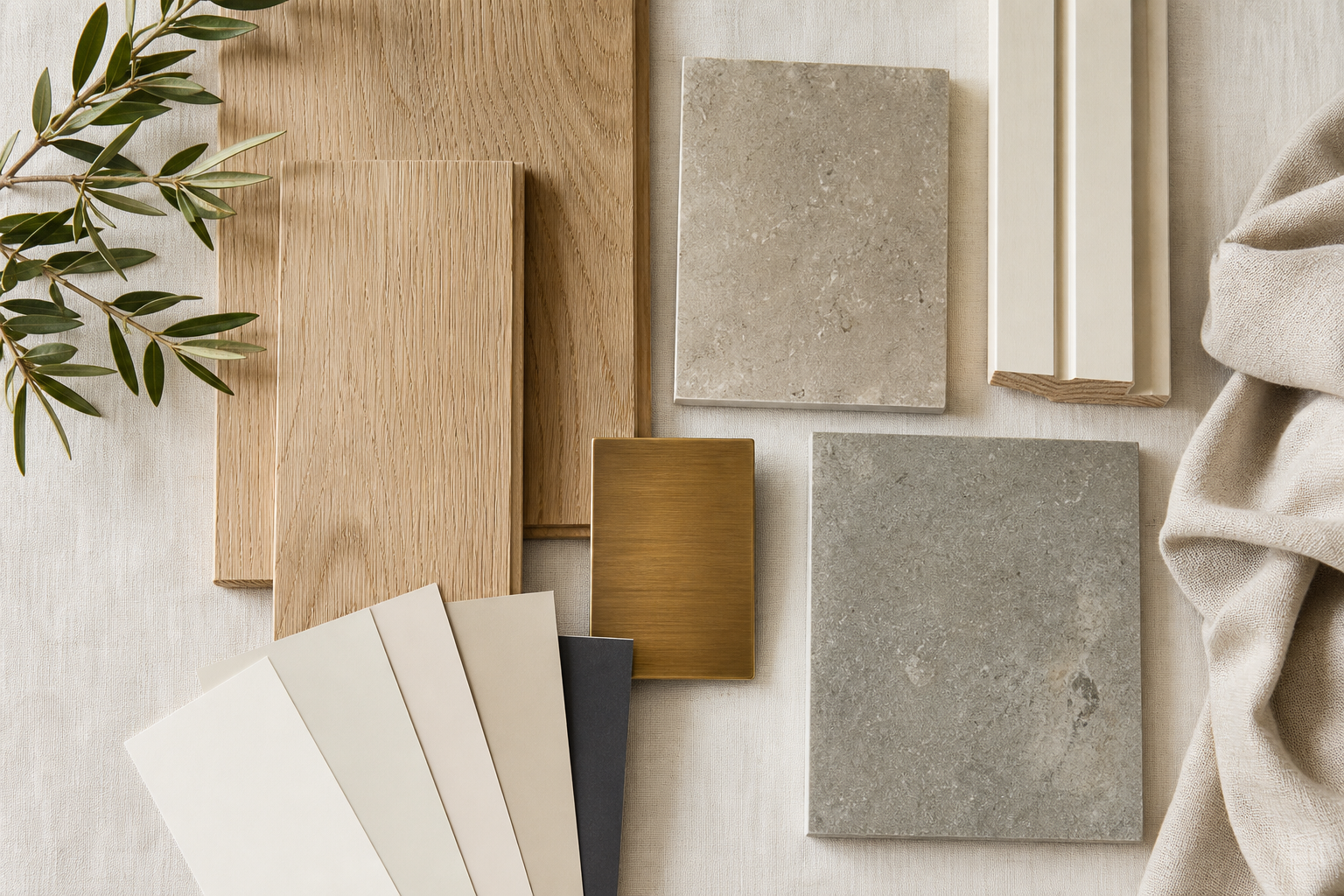 Flat-lay of natural renovation materials — white oak samples, honed stone tiles, brushed brass, and warm paint swatches