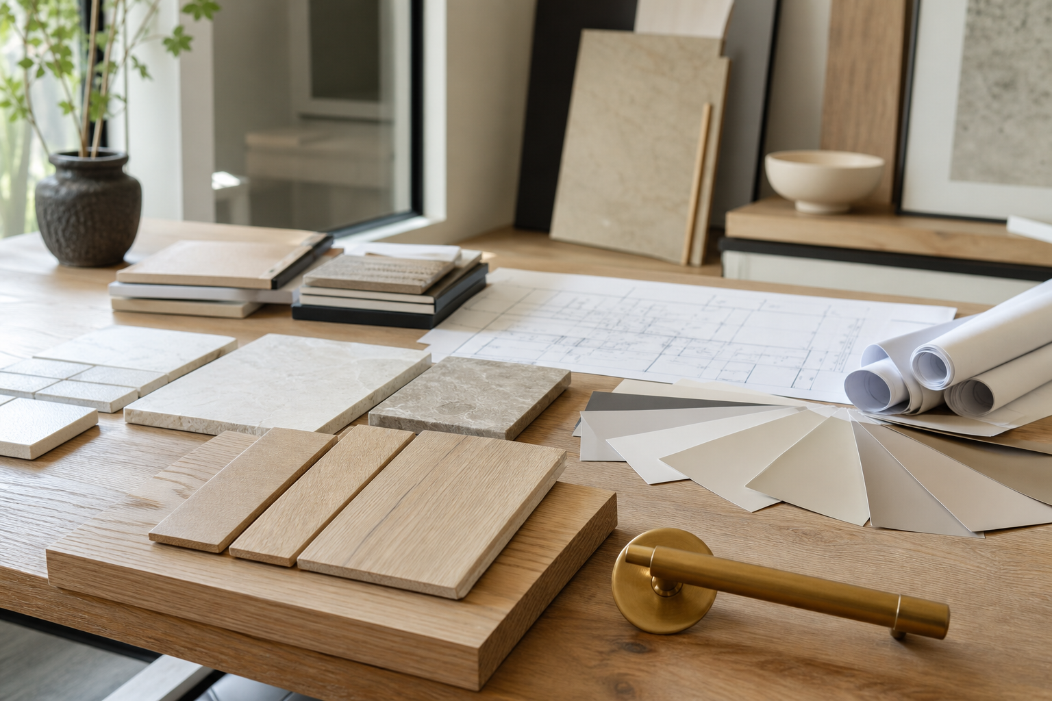 Bright Calgary renovation studio workspace with white oak samples, stone tiles, drawings, and warm material swatches on a worktable