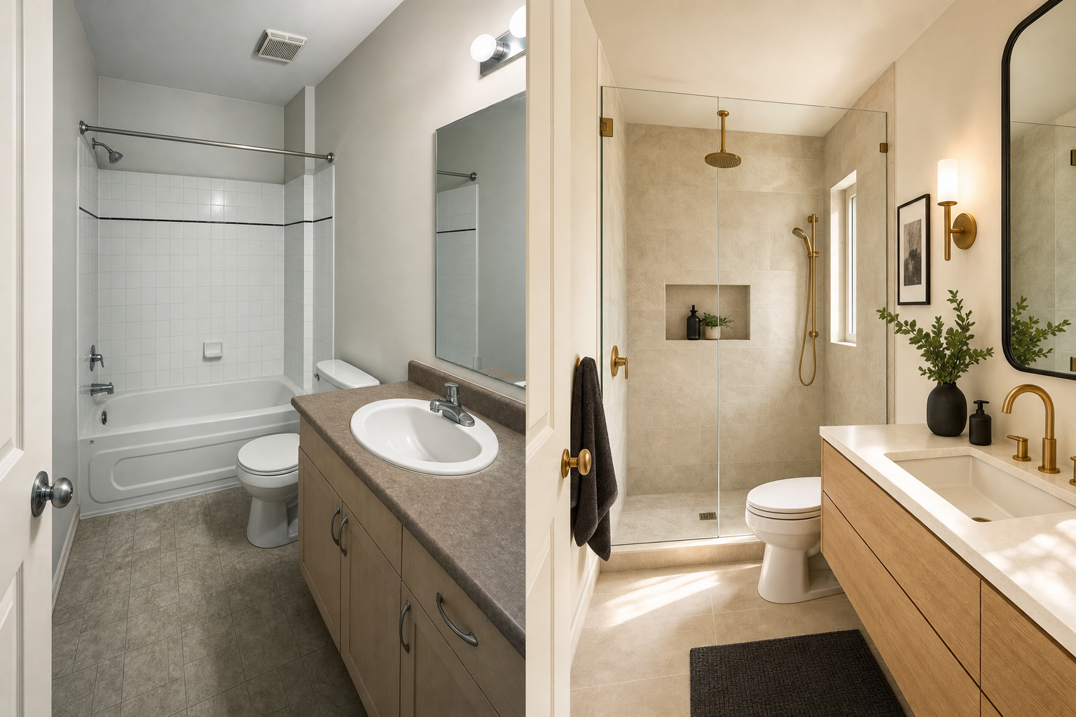 Side-by-side before and after of a Calgary bathroom renovation, from a dated tub surround to an open walk-in shower with warm stone tile