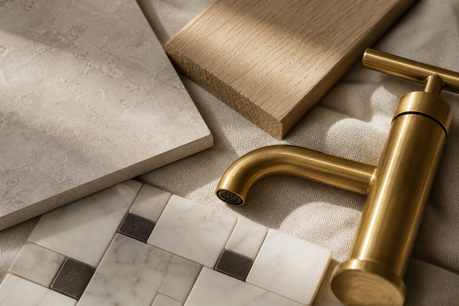Close-up of natural stone tile, brushed brass fixtures, and white oak vanity grain in a Calgary bathroom renovation