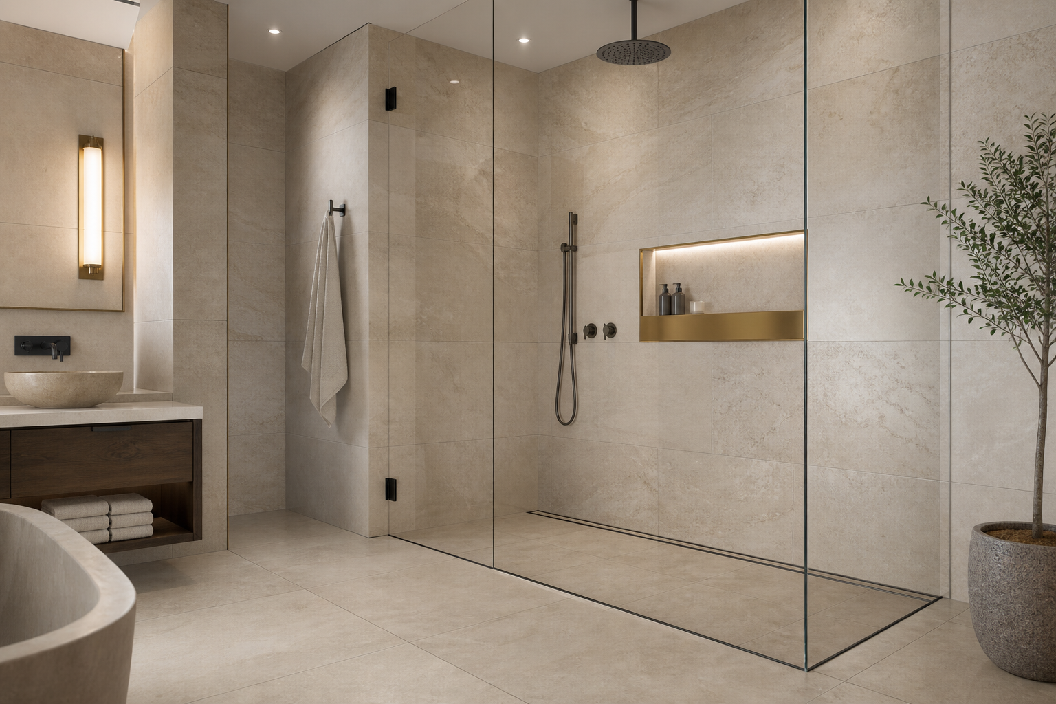 Curbless frameless-glass walk-in shower with large-format stone tile and a recessed niche in a modern Calgary en suite