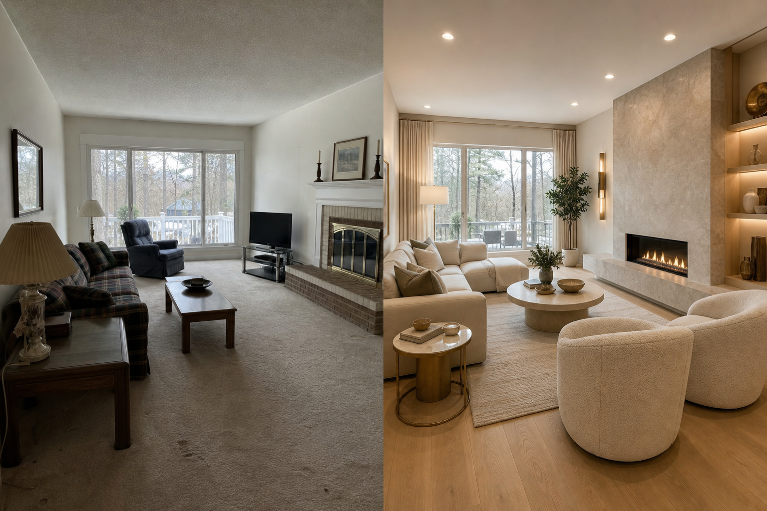 Side-by-side view of a dated Calgary room beside the same space remade with natural materials and warm lighting