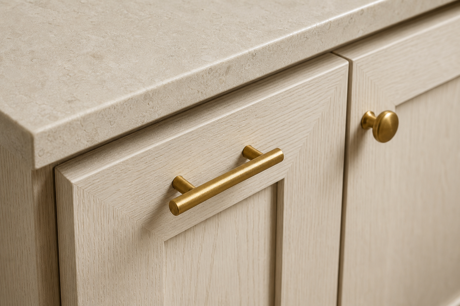 Close-up of white oak cabinetry and brushed warm-metal hardware against a honed stone counter, showing material and finish detail