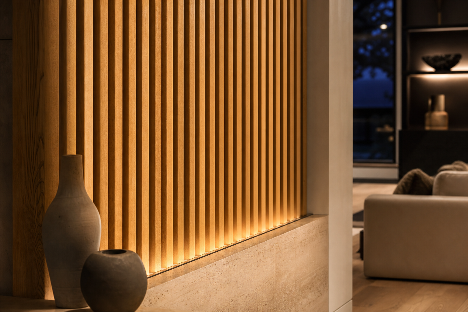 Detail of a wood-slat feature wall with warm integrated lighting in a modern Calgary home
