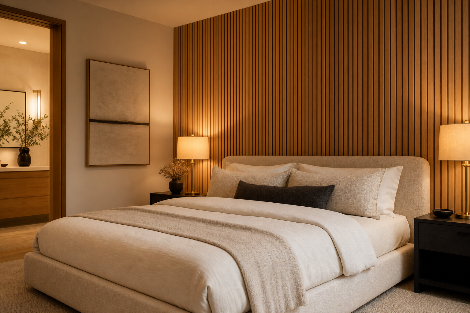 Primary bedroom with a full-height vertical white oak slat feature wall behind an upholstered bed, soft warm bedside lighting glowing against the wood texture