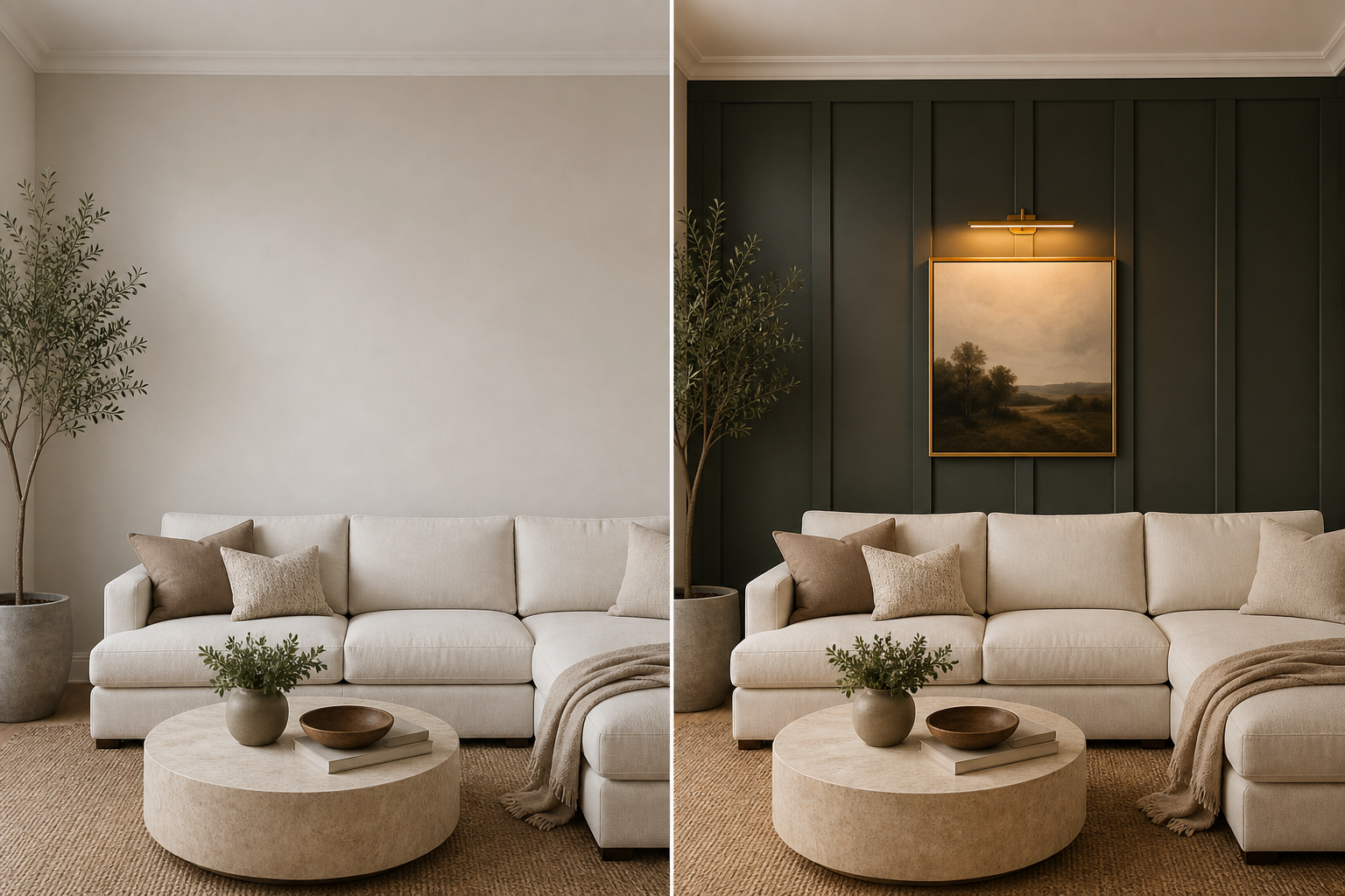 Side-by-side of a plain flat builder-grade living room wall on the left and the same wall after installation of a floor-to-ceiling board-and-batten feature wall in a deep charcoal-green on the right