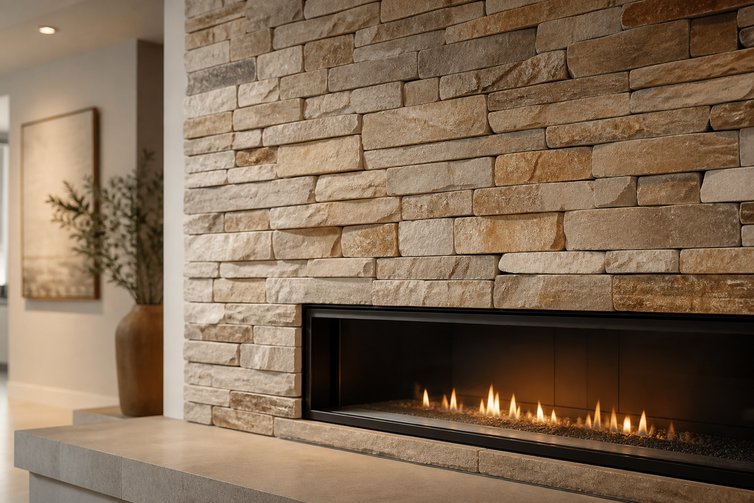 Close-up of natural stacked stone veneer feature wall around a linear fireplace, individual stones in warm grey and tan tones with deep shadow joints