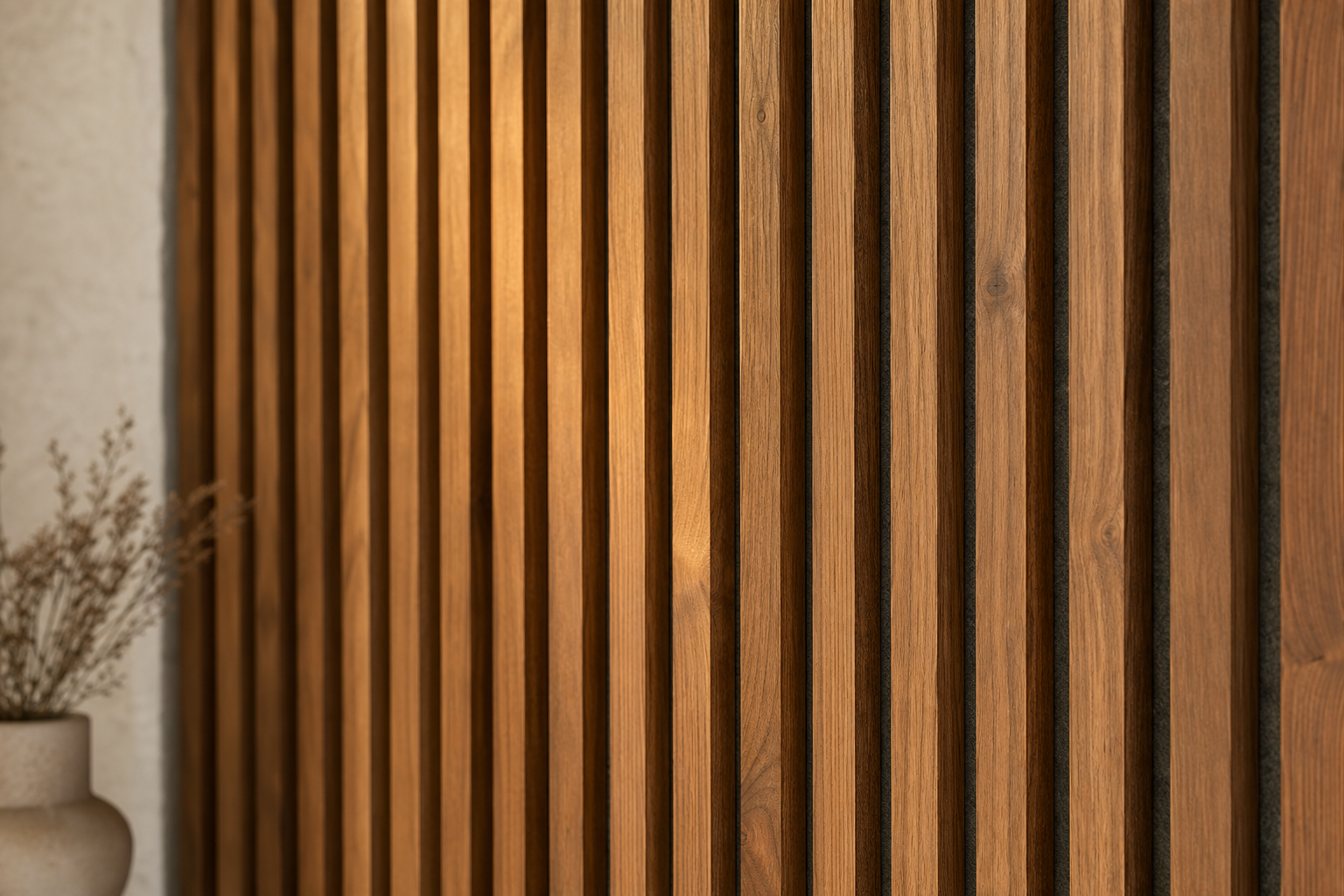 Detail of a vertical walnut slat feature wall showing even reveals between each timber strip and the matte felt backing visible in the gaps