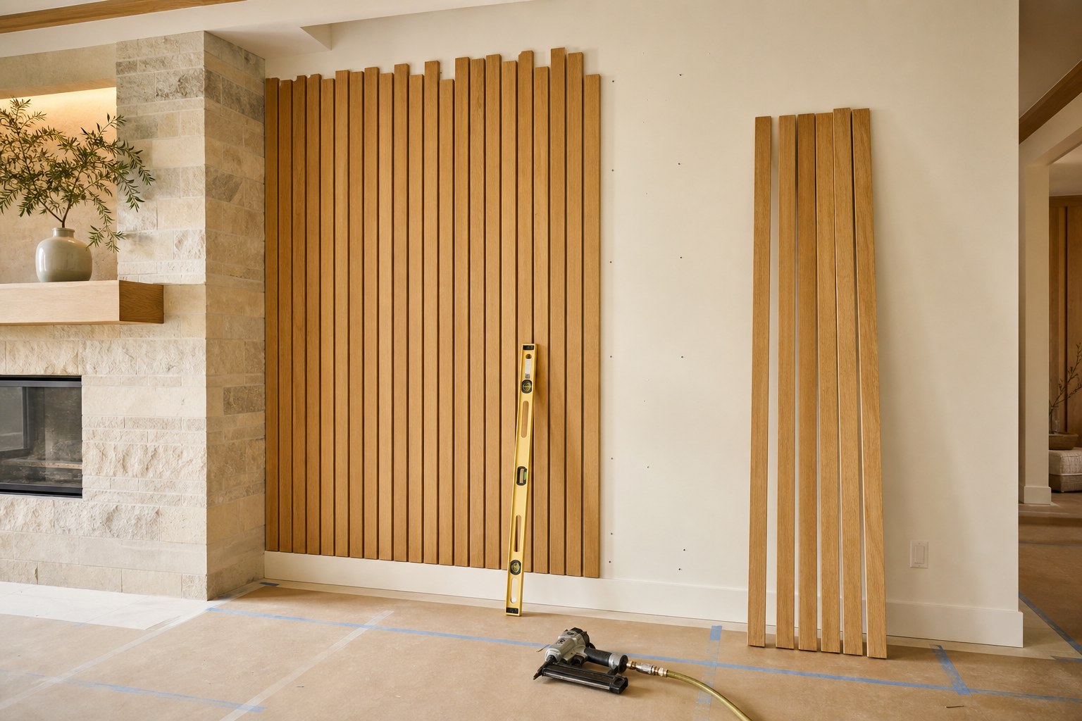 Carpenter's hands holding a level against partially installed vertical oak slats on a feature wall, with a few unmounted slats and a pneumatic finish nailer resting on protective floor covering nearby