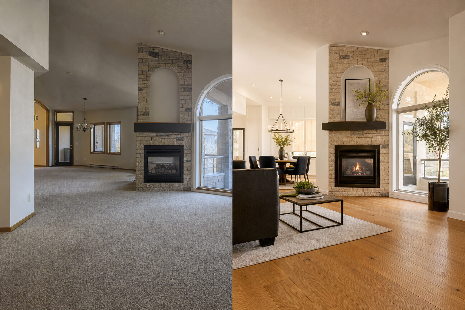 Before and after of a Calgary main floor — dated carpet replaced with warm wide-plank engineered hardwood