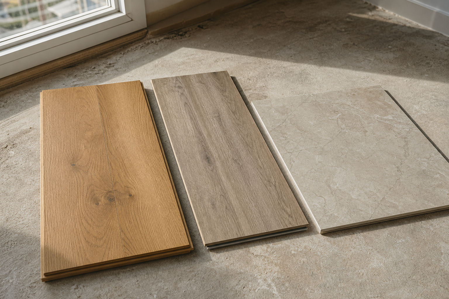 Flooring samples laid on a subfloor in a Calgary home being compared under natural daylight
