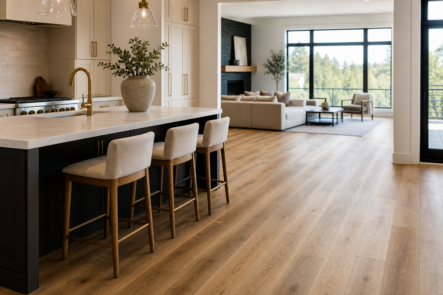 Warm-toned luxury vinyl plank flooring flowing from a Calgary kitchen into an open living area