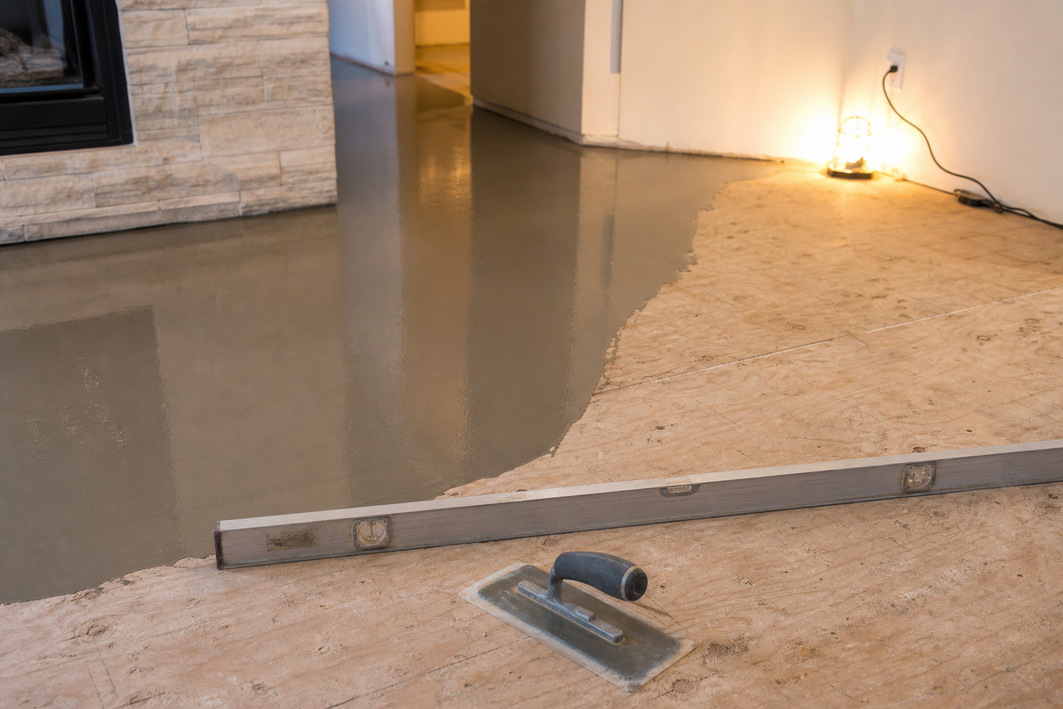 Subfloor being levelled and prepared before new flooring is installed in a Calgary home