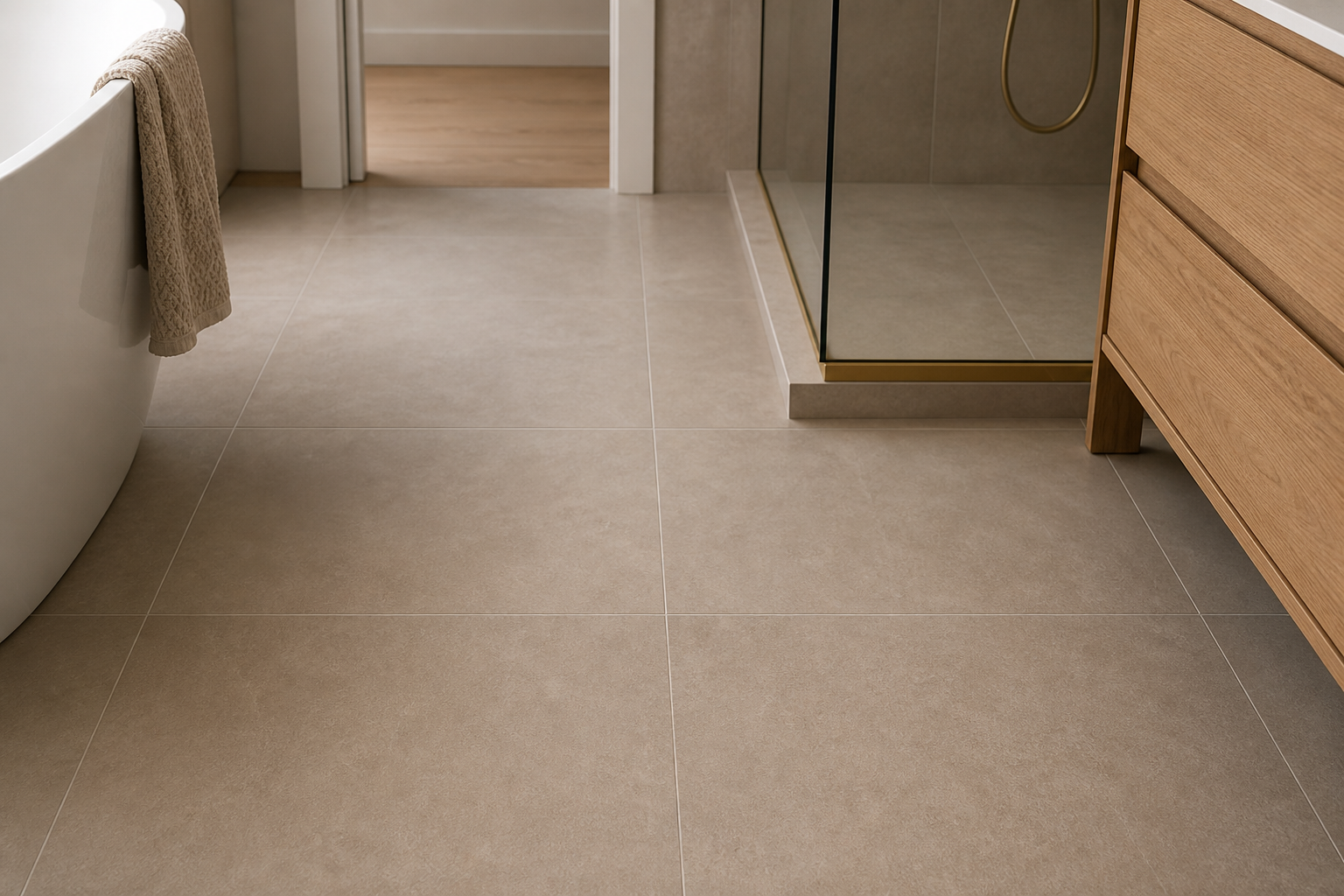 Large-format matte porcelain tile floor with tight grout lines in a modern Calgary bathroom
