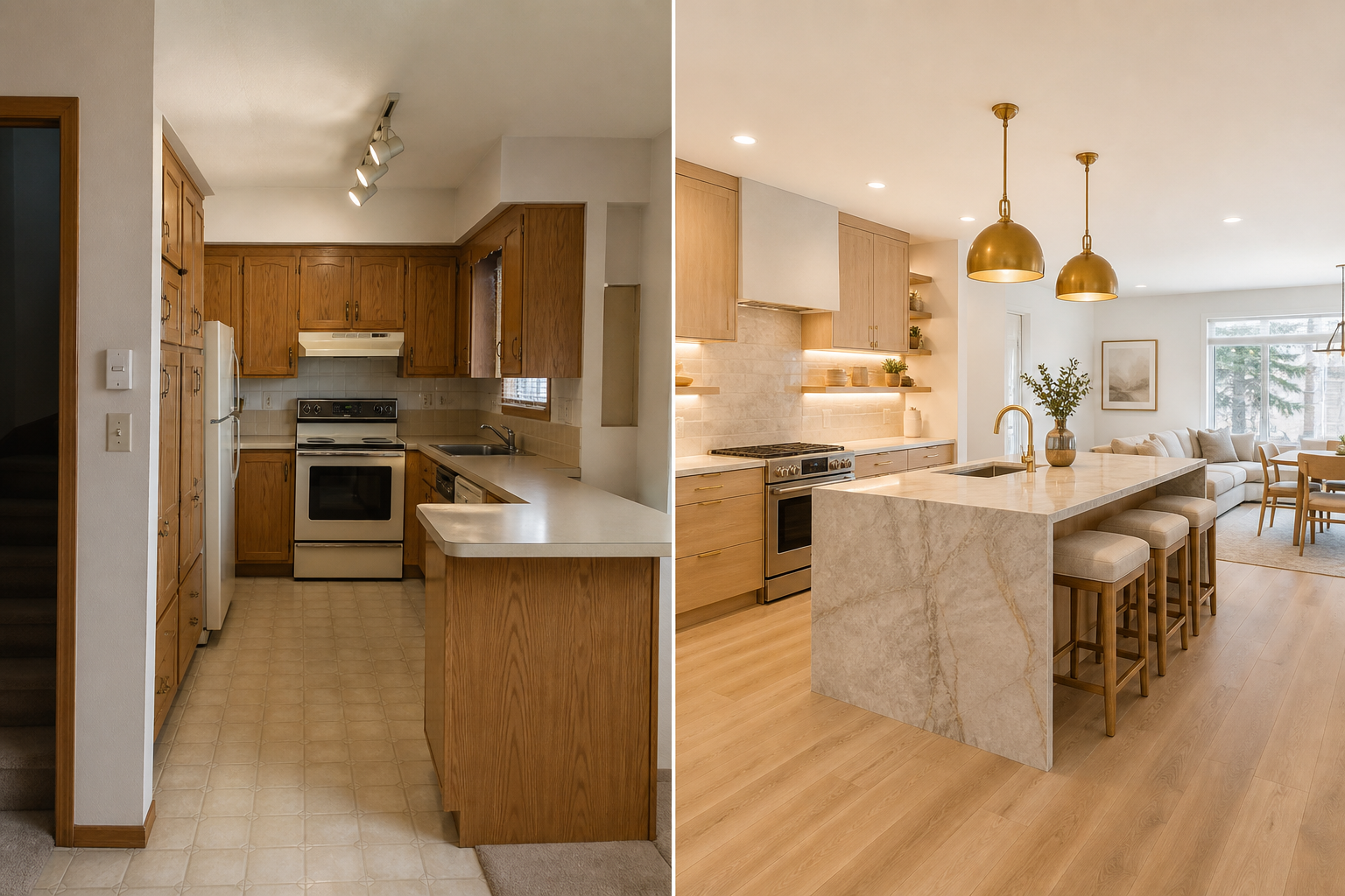 Side-by-side of a dated Calgary kitchen and its remodelled version with open layout and natural materials