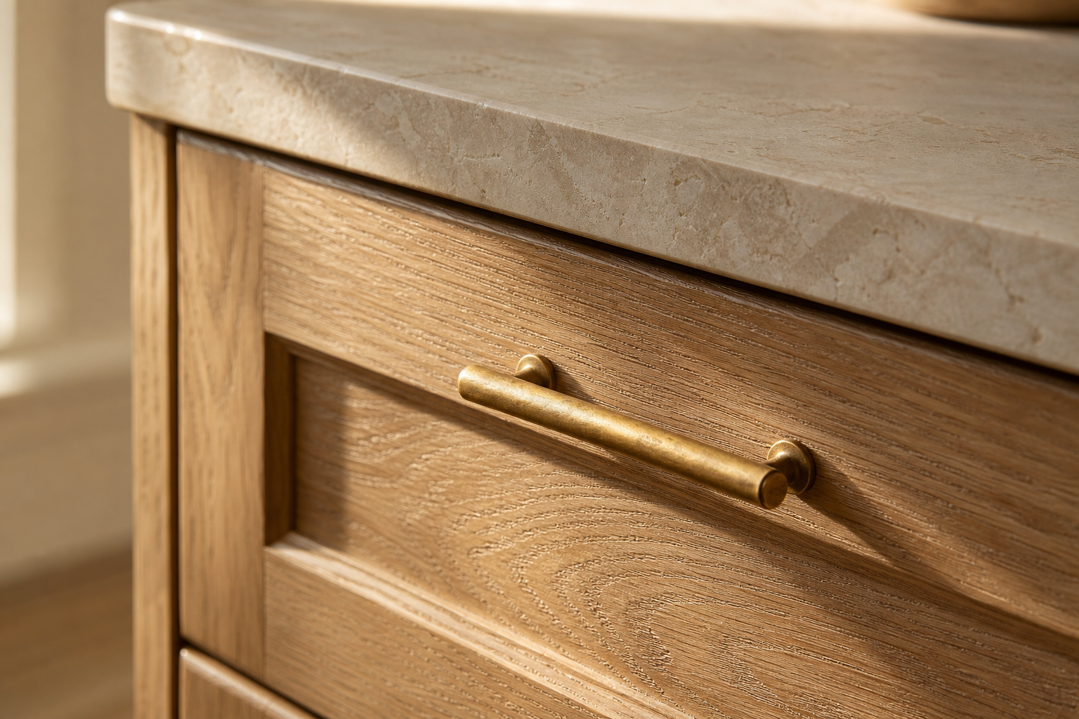 Close-up of white-oak cabinet grain meeting a honed stone countertop with a brushed-brass handle