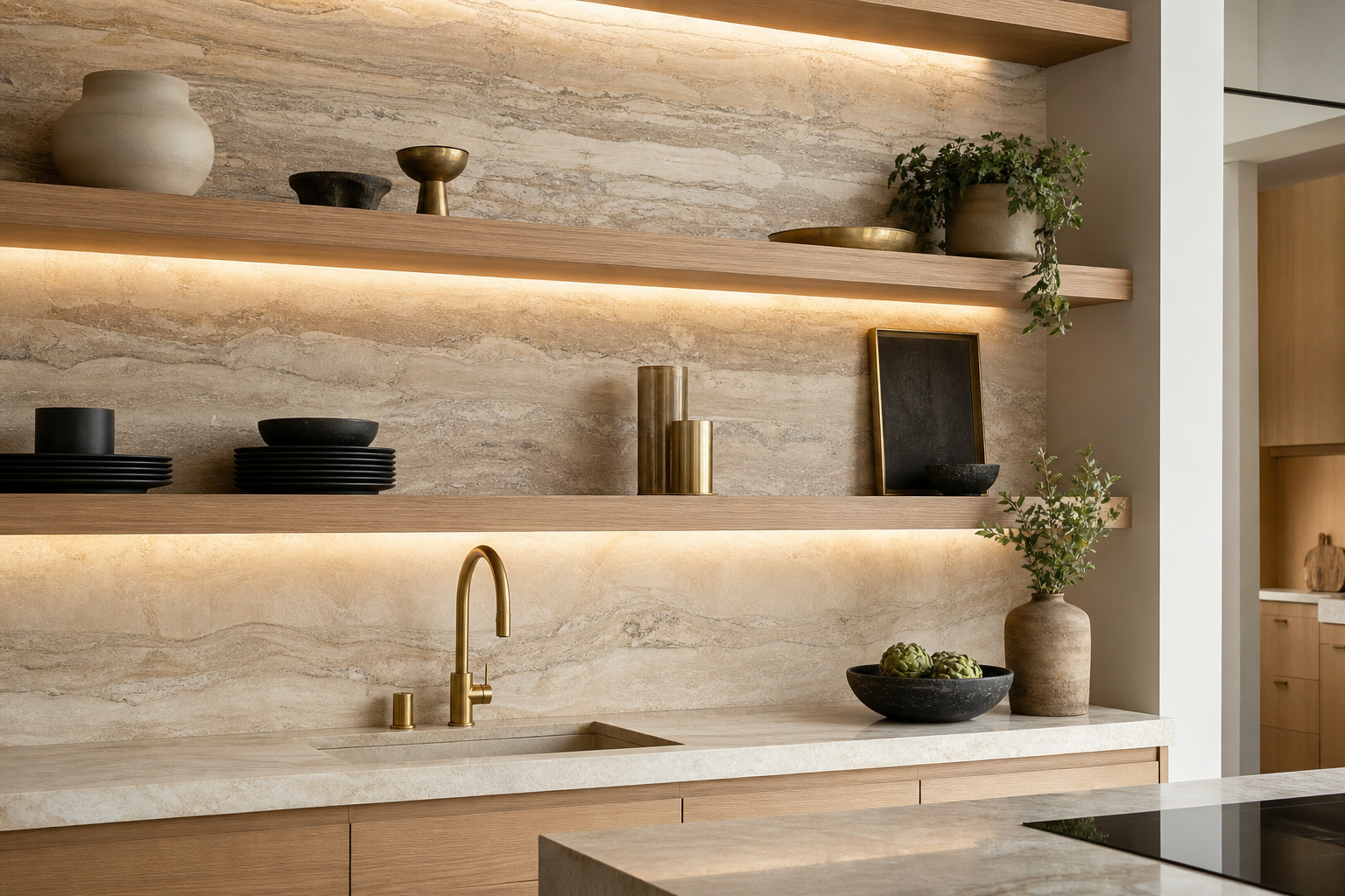 Calgary kitchen feature wall in natural stone with floating wood shelving and warm under-cabinet lighting