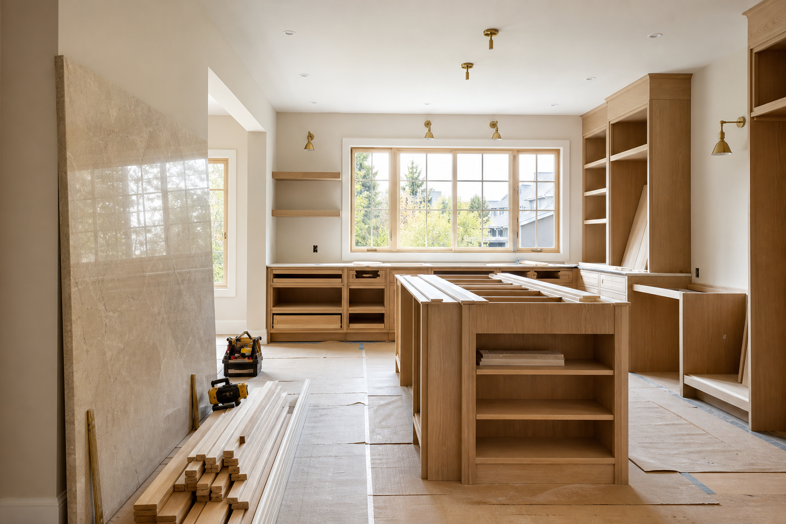 Renovation crew installing custom wood cabinetry in a bright Calgary kitchen mid-remodel