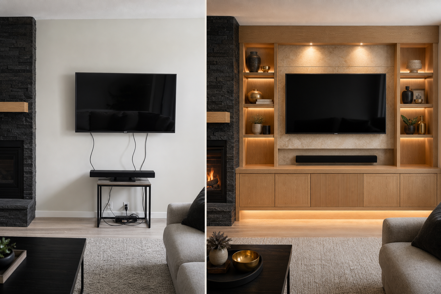 Side-by-side comparison of a Calgary living room before with a bare wall-mounted TV and exposed cords, and after with a finished built-in media wall