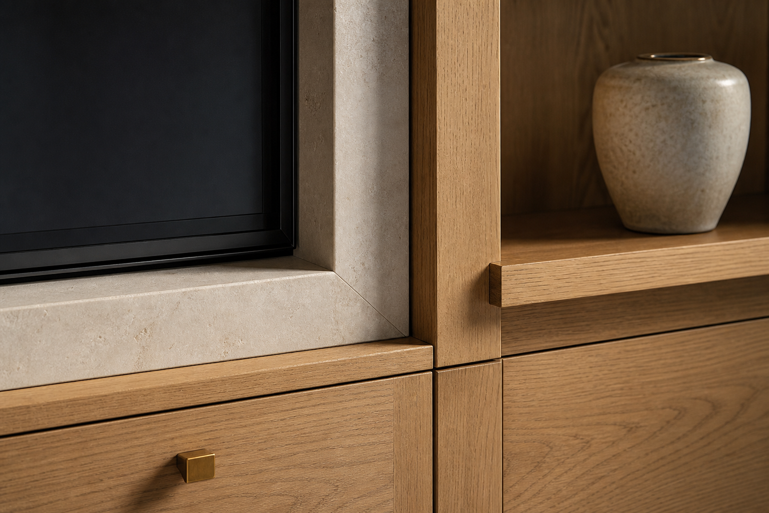 Close-up of a media wall detail showing white oak grain cabinetry, a stone surround and a flush-mounted television with a floating shelf
