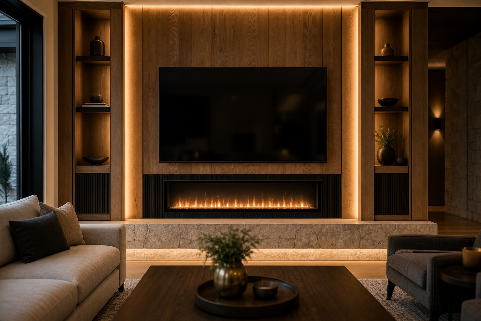 Modern Calgary media wall with a linear electric fireplace beneath a flush-mounted television, framed by warm wood panelling and soft LED backlighting