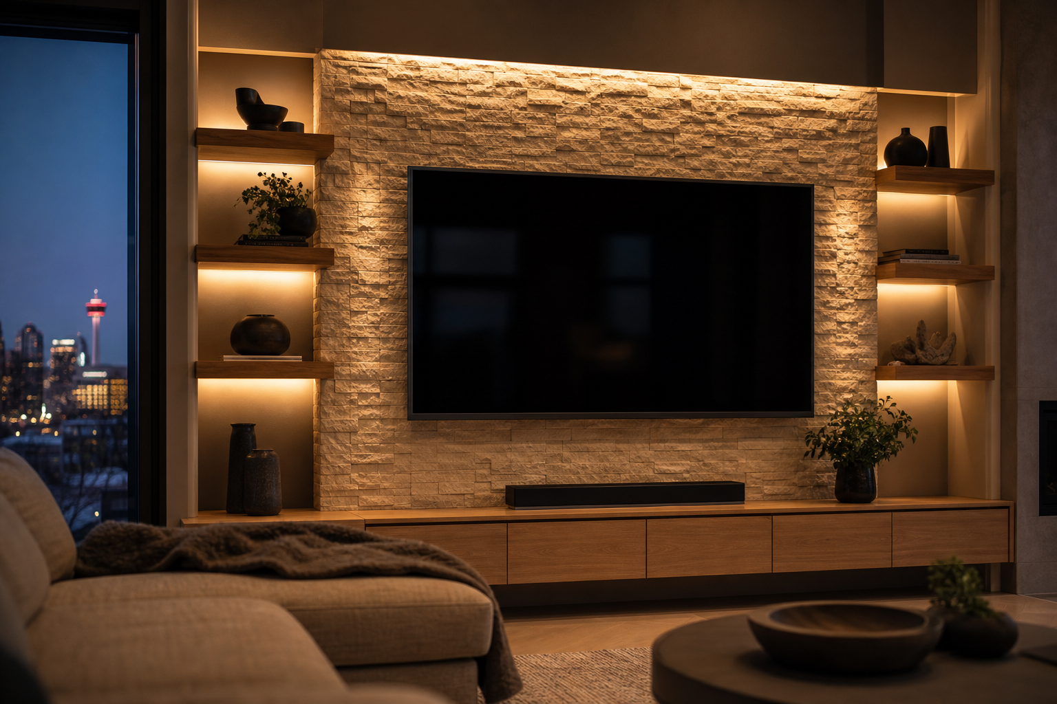 Media wall at dusk with warm LED backlighting glowing behind floating wood shelves and along a stone surround in a Calgary living room