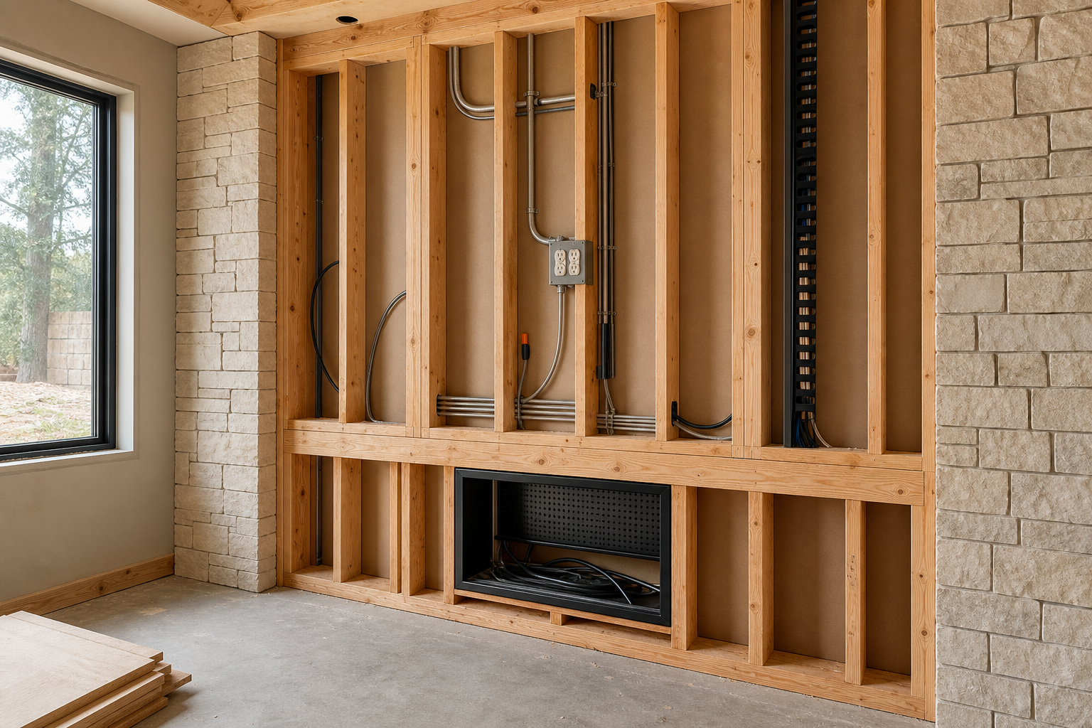 Open wall framing showing conduit and cable channels routed for a media wall before drywall and finishes are installed