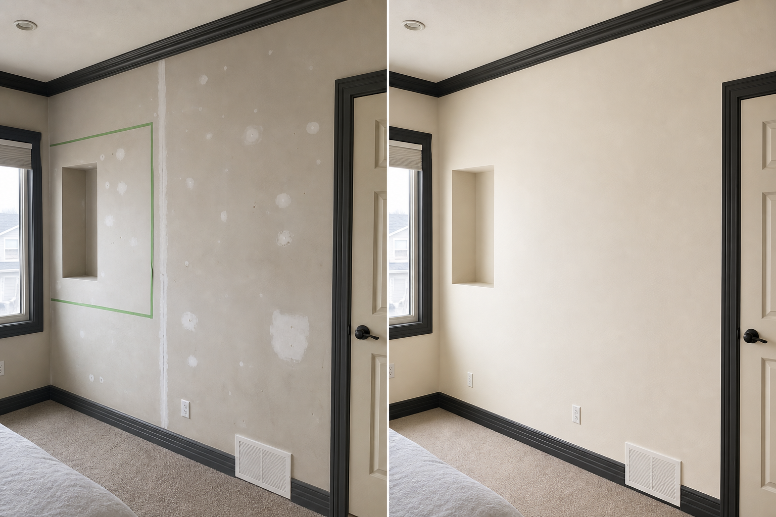 Side-by-side of a Calgary room before painting with patched, scuffed walls and after with smooth warm-toned paint and crisp trim