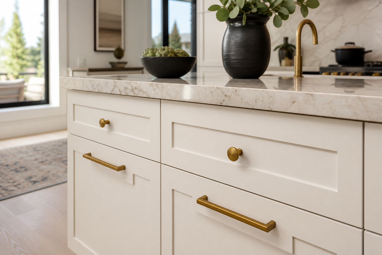 Refinished kitchen cabinets in a warm off-white enamel with stone countertop and brass hardware in a Calgary kitchen