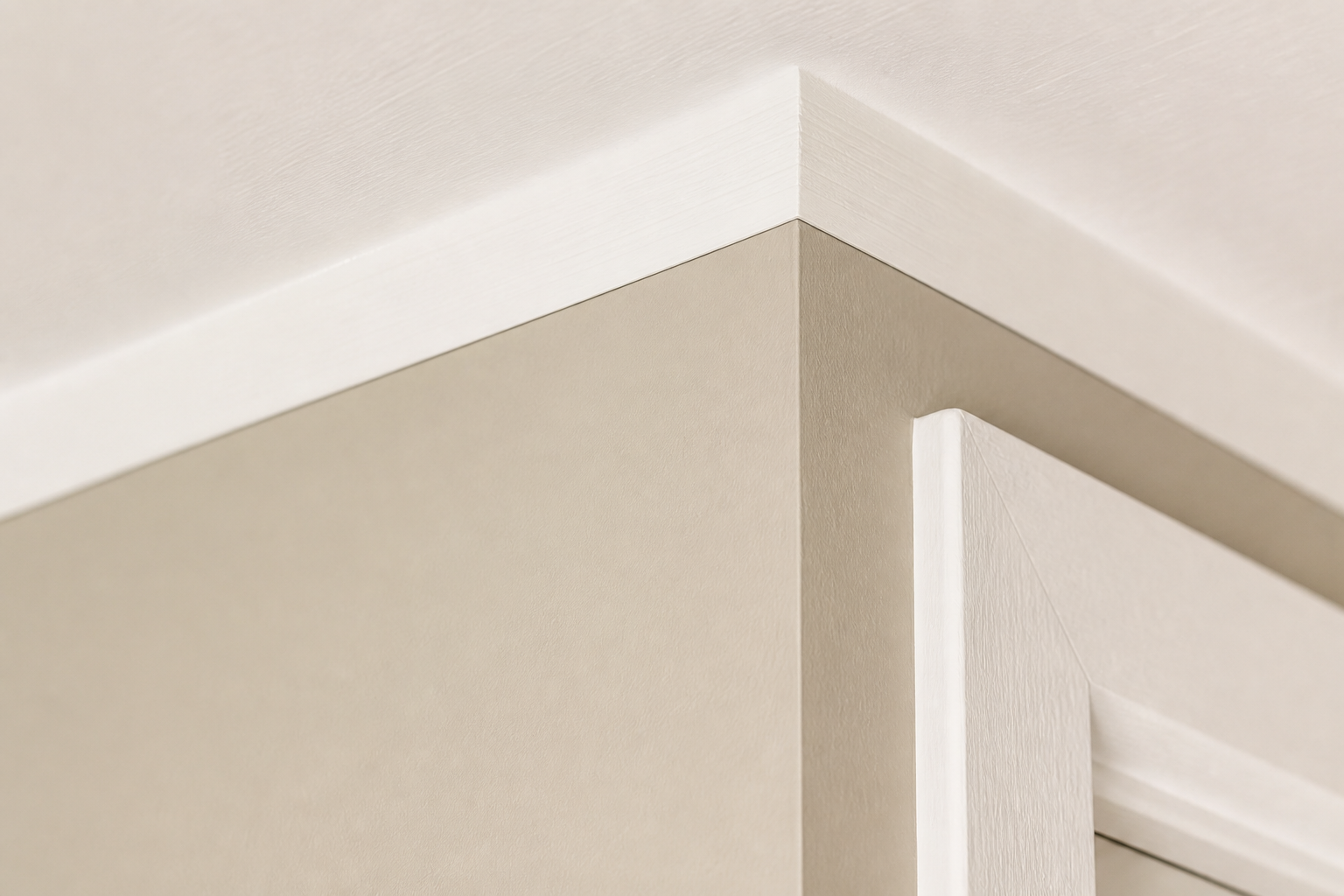 Close-up of a hand-cut paint line where a warm wall meets crisp white trim and ceiling
