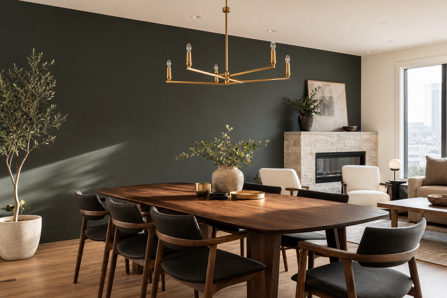 Modern Calgary dining room with a deep painted accent wall, warm wood furniture and soft natural light