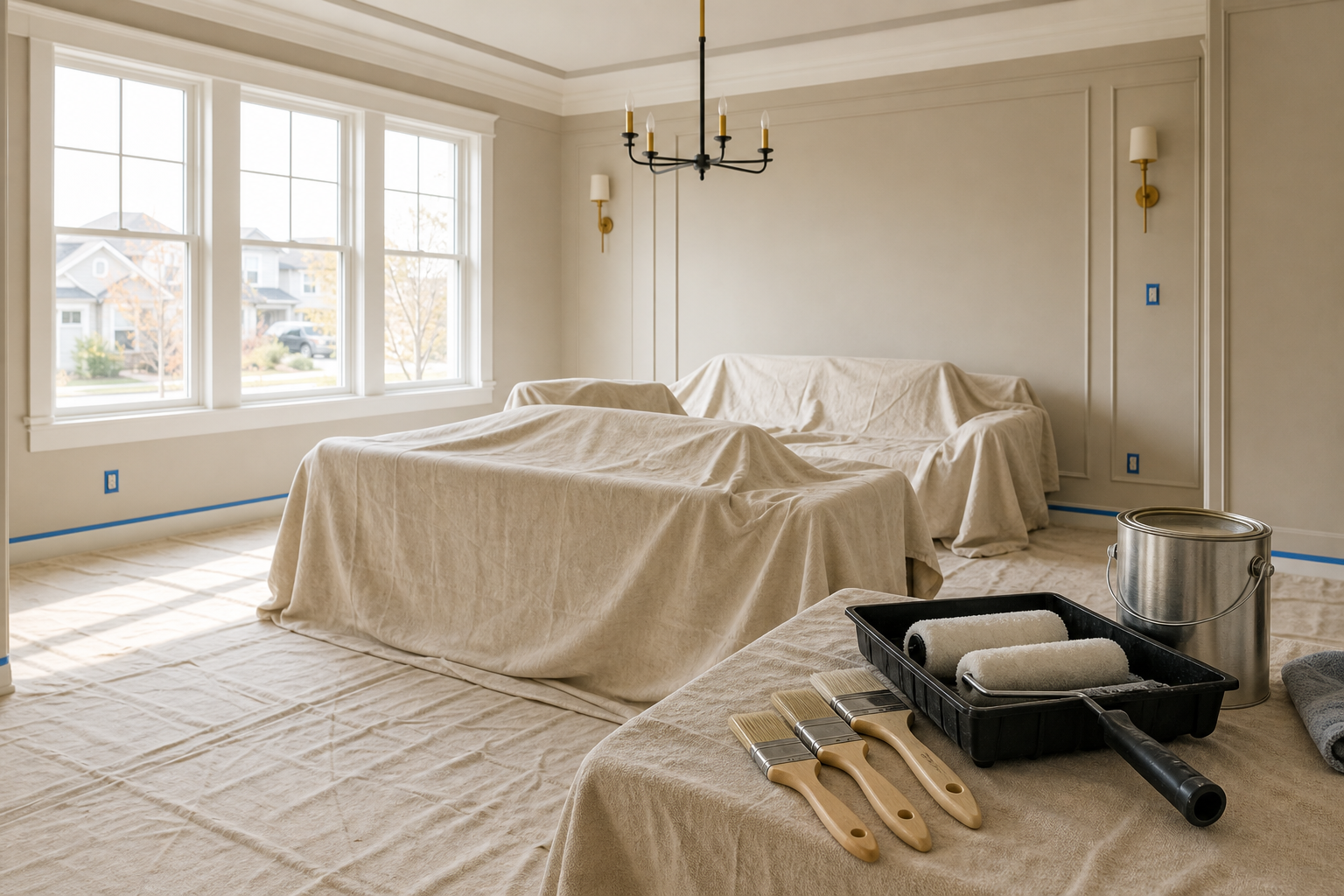 Painter's drop cloths, masked trim and tidy tools set up in a protected Calgary room ready for painting
