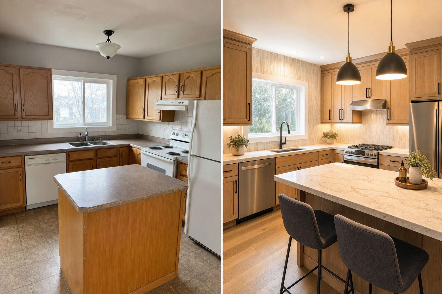 Side-by-side before and after of a dated Calgary kitchen transformed into a warm modern space with natural wood cabinetry and quartz countertops