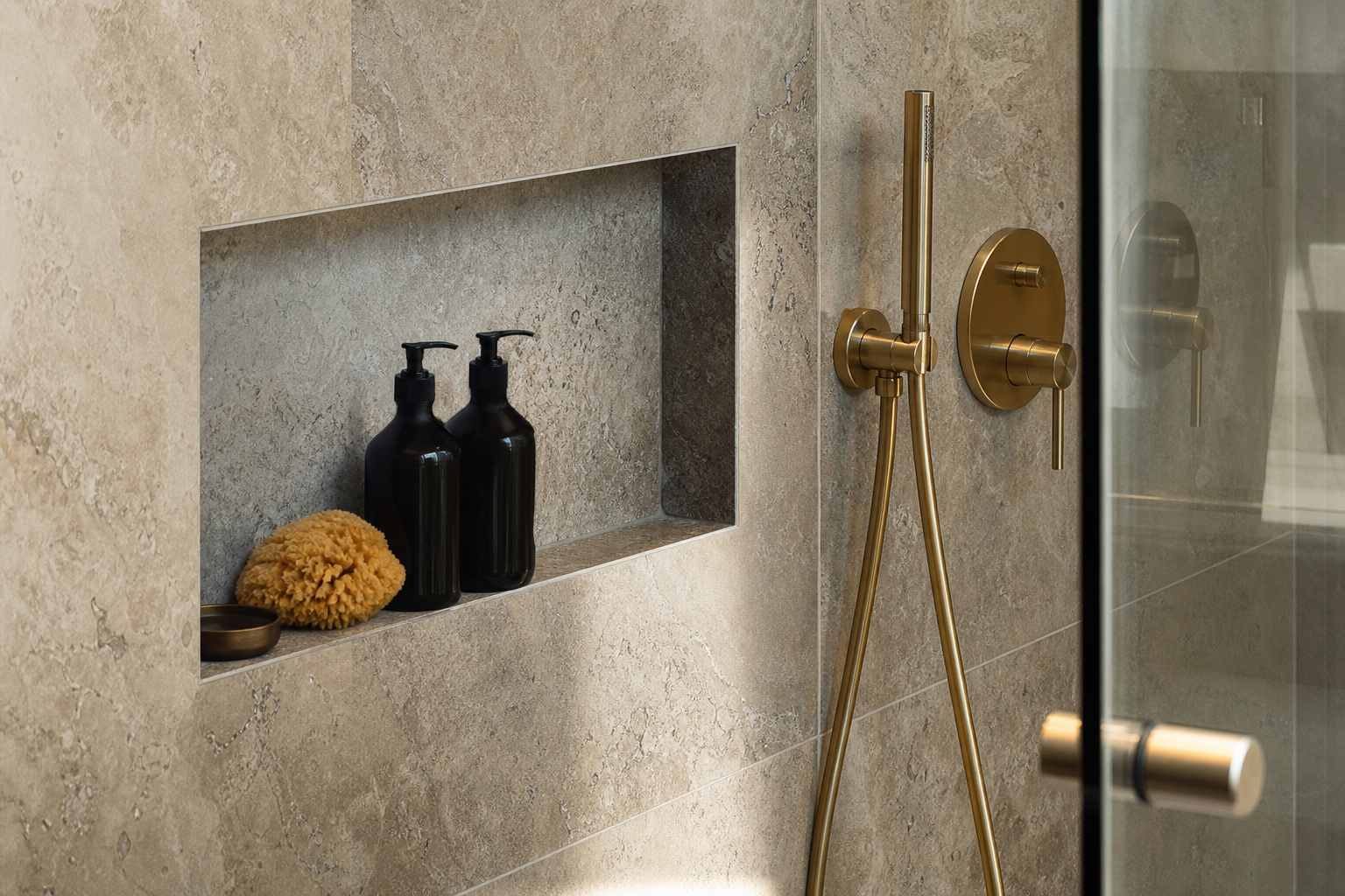 Close-up of a Calgary bathroom renovation showing large-format natural stone tile, a walk-in shower niche and warm brushed fixtures