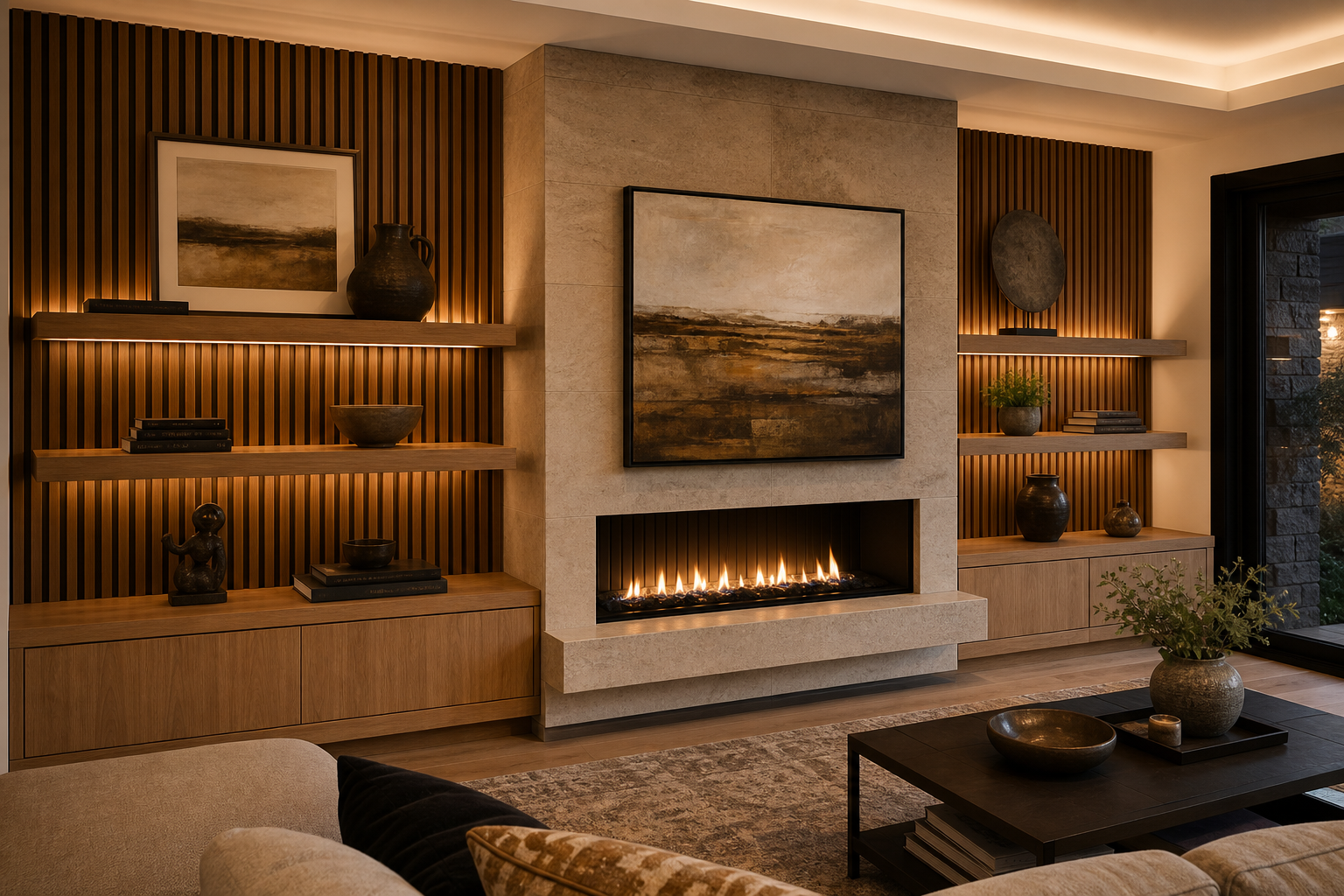 Modern Calgary living room media wall with a built-in fireplace, floating wood shelves, integrated cabinetry and warm LED backlighting against a slatted wood feature wall
