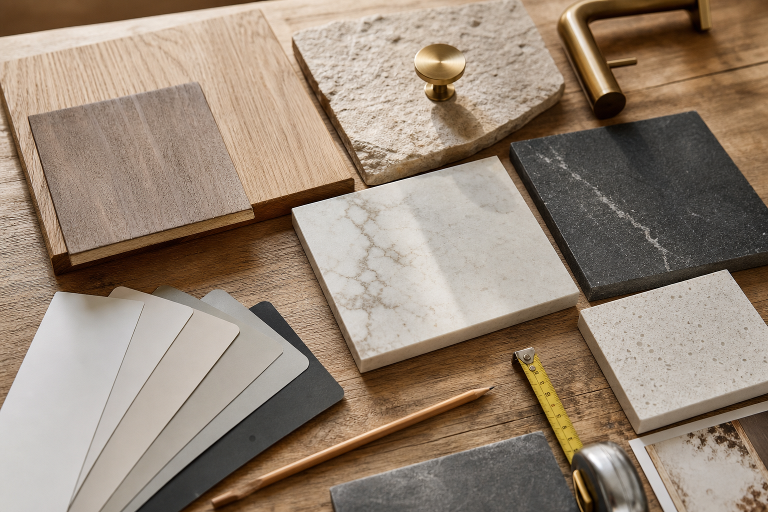 Calgary renovation craftsman's hands selecting natural white oak and stone material samples on a worktable in warm daylight