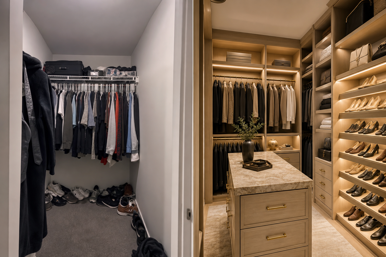 Side-by-side before and after of a Calgary walk-in closet, from a cramped single-rod wire-shelf closet to a warm white oak built-in dressing room with an island and integrated lighting