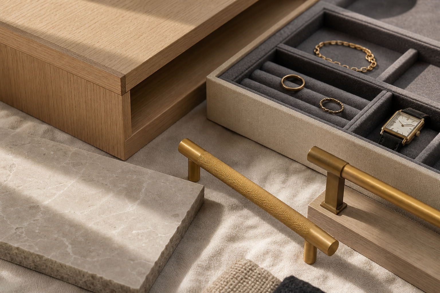 Close-up of walk-in closet materials in a Calgary home — white oak shelving grain, a soft-close drawer with felt-lined jewellery insert, solid metal hardware, and a stone island top