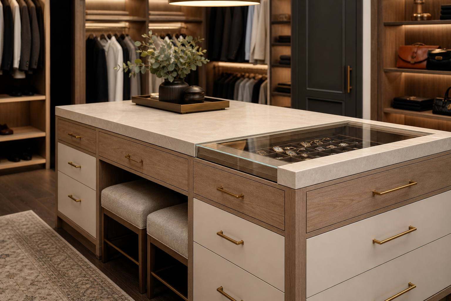 Custom walk-in closet centre island in a Calgary home with a stone top, soft-close drawers, a glass-topped jewellery display section, and warm overhead lighting